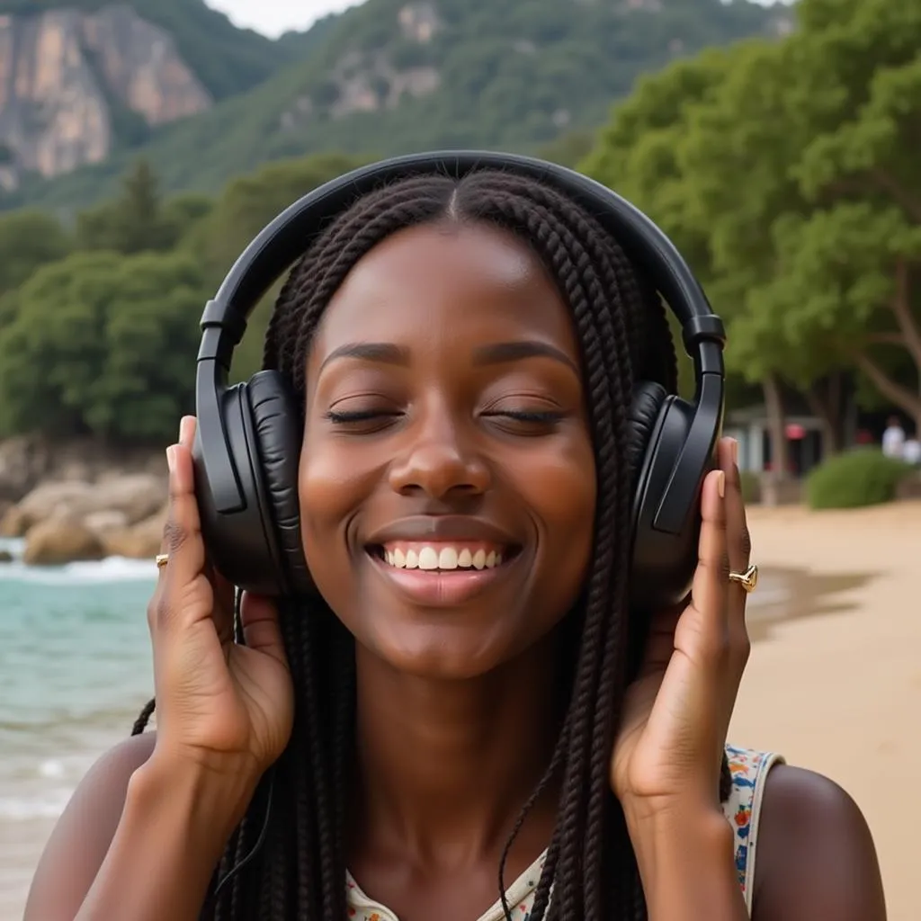 A person enjoying listening to African bongo music on headphones