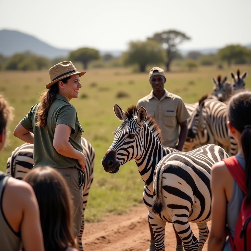 A local guide explains the behavior of a group of zebras to a group of tourists on safari.