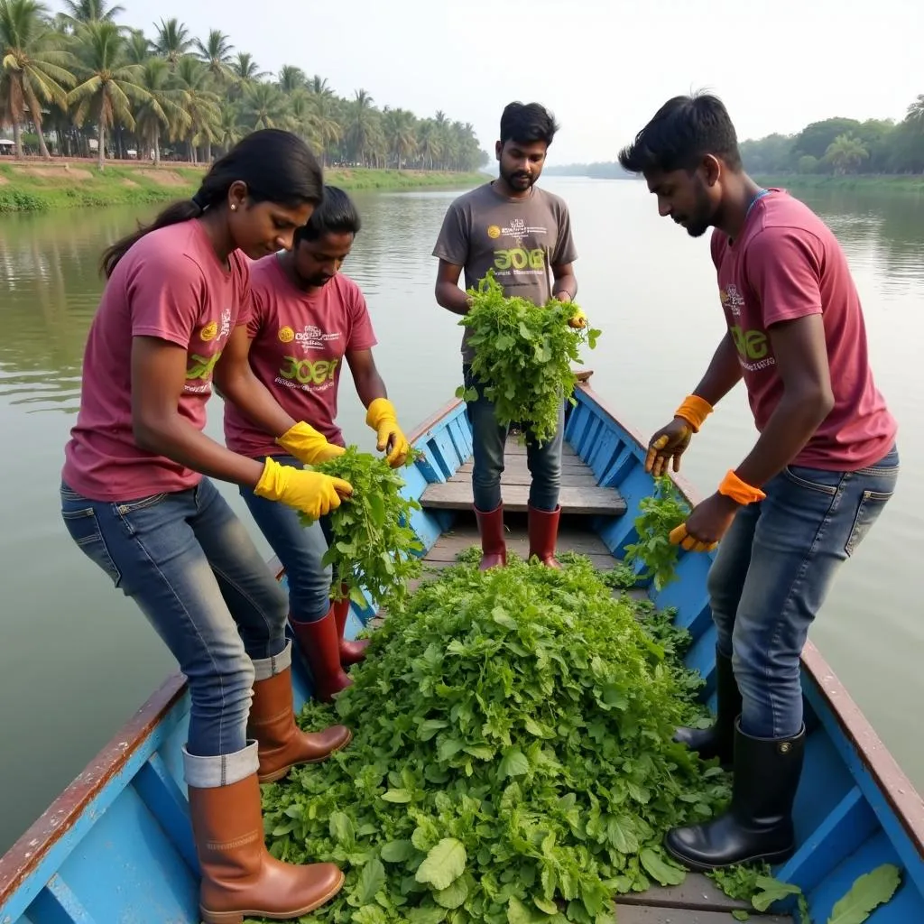 Volunteers work to remove water lettuce