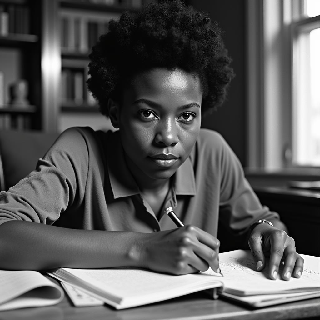 Lorraine Hansberry, the trailblazing playwright, seated at her desk