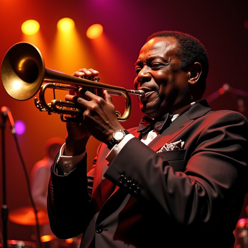 Louis Armstrong playing his trumpet