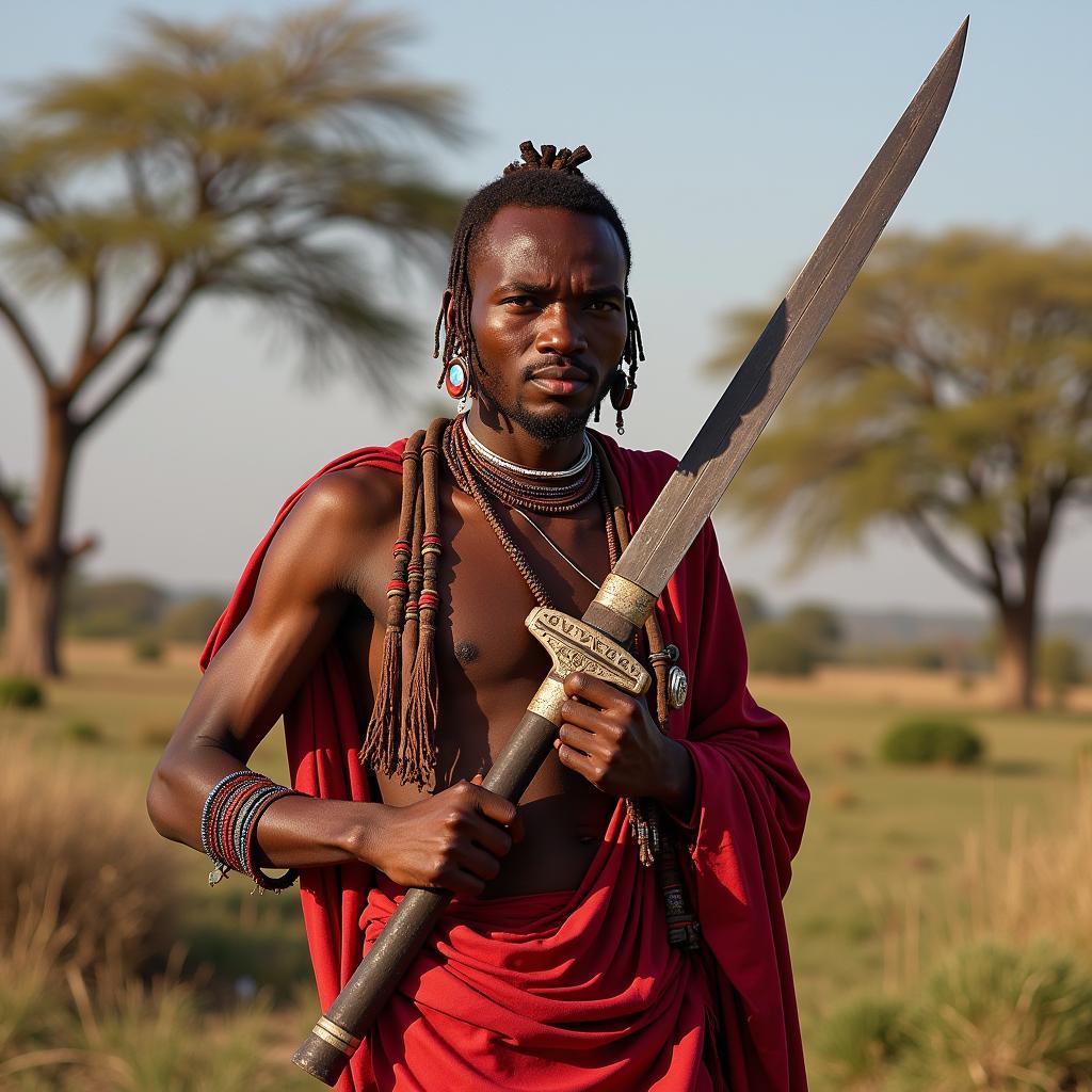 A Maasai warrior holding a simi