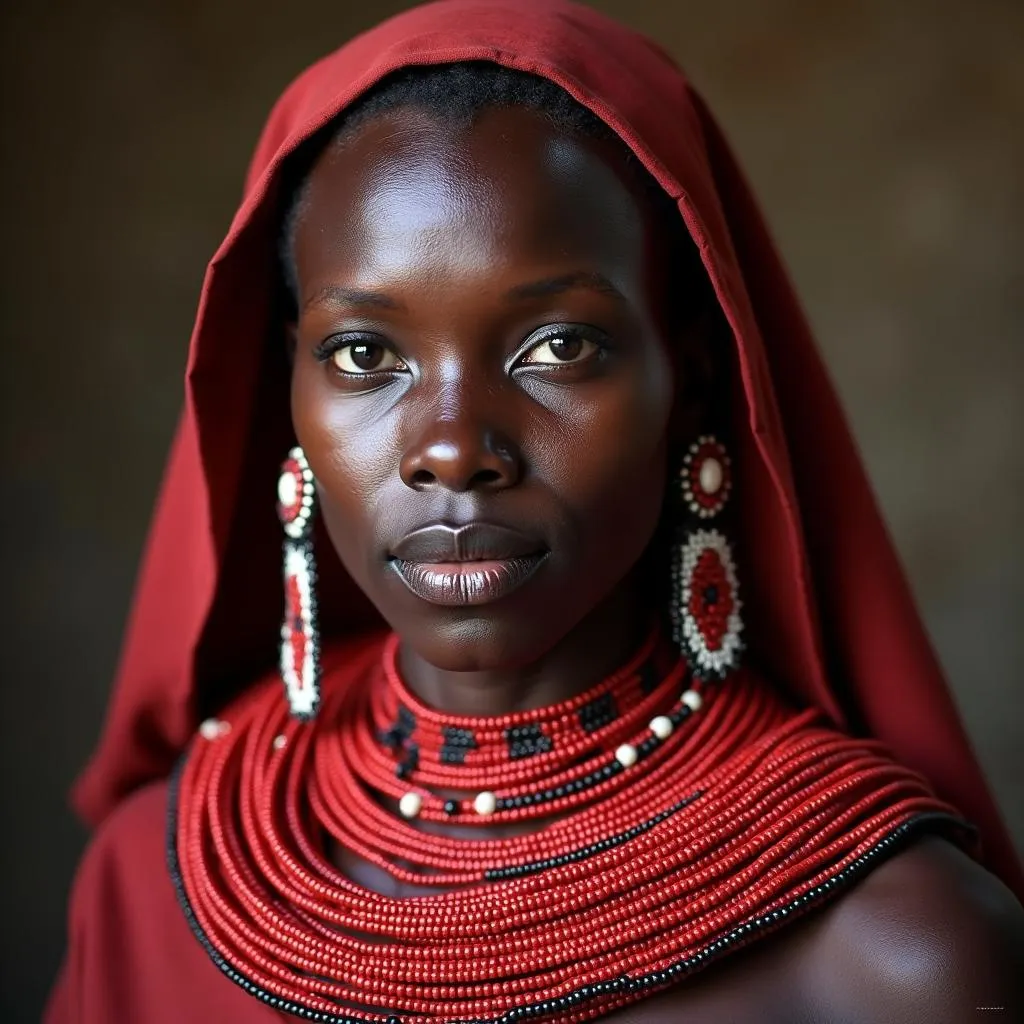 Maasai Woman Wearing Red Beaded Necklace