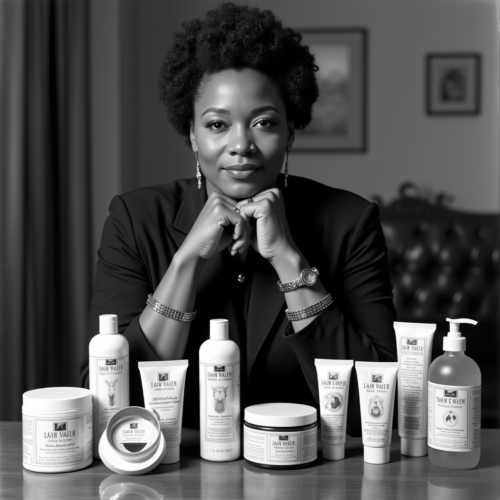 Madam C.J. Walker posing with her line of hair care products