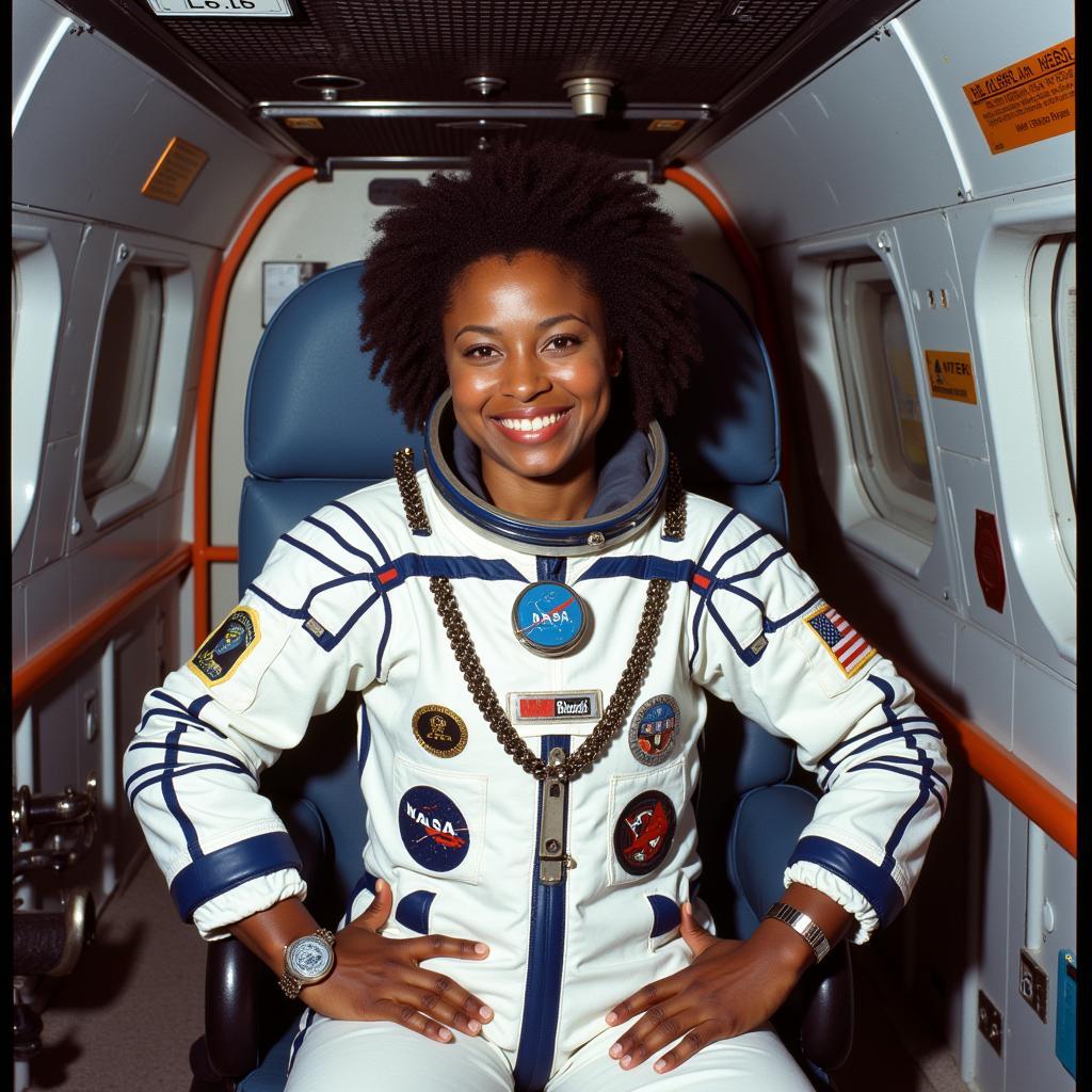 Dr. Mae Jemison, the first African American woman in space, inside the Space Shuttle Endeavour.