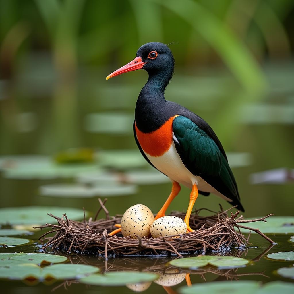 Male African jacana diligently incubating eggs in a floating nest