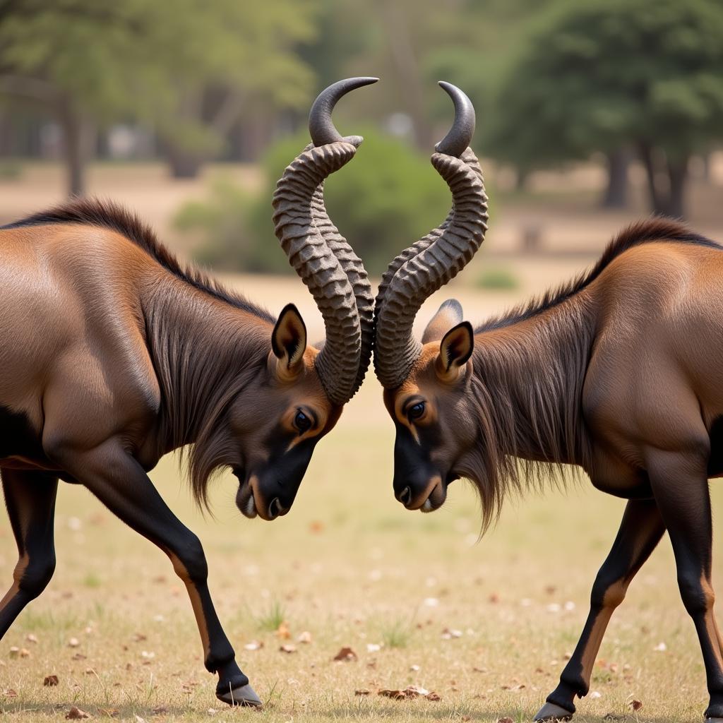 Male Antelope with Curved Horns Fighting