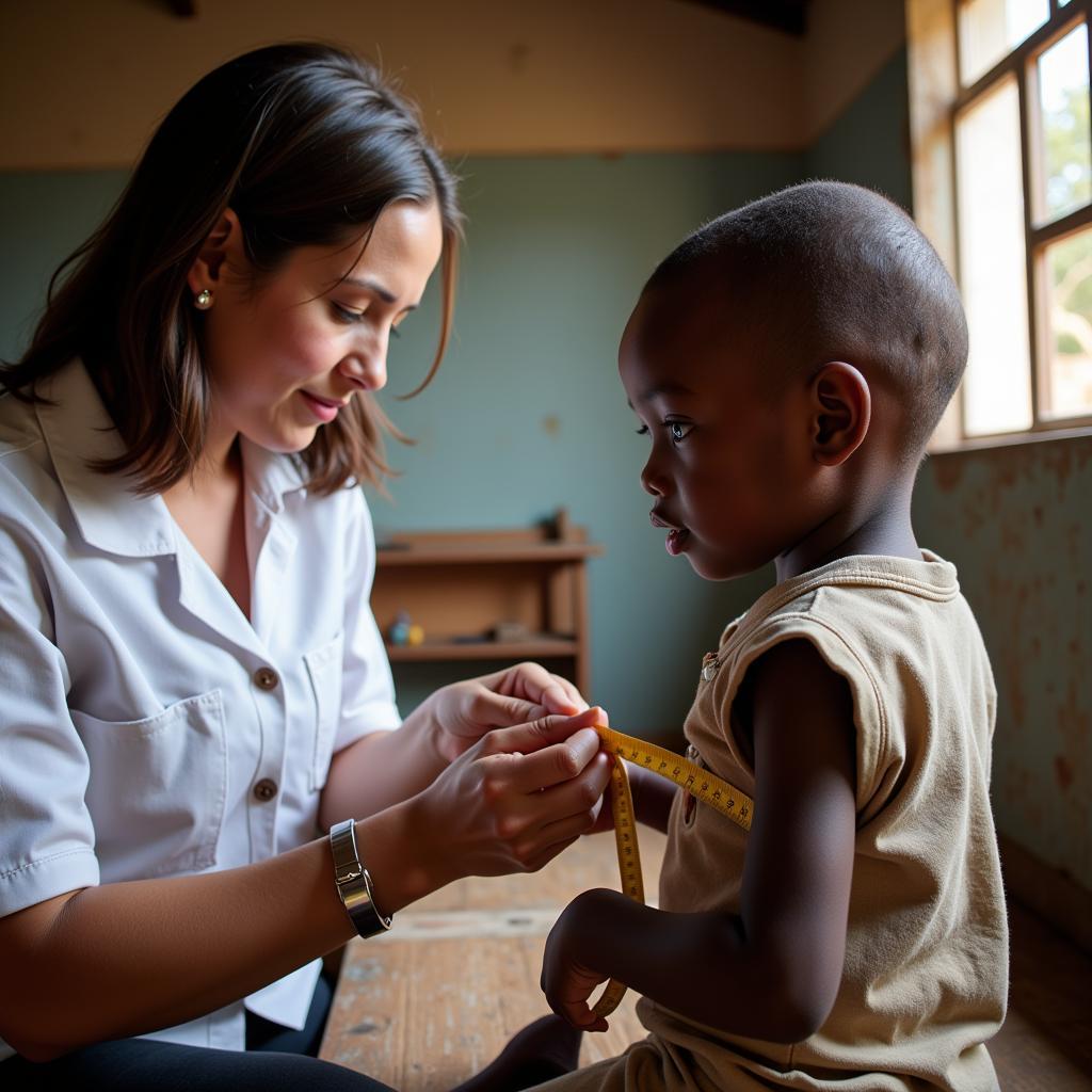 Healthcare worker measuring a child for marasmus