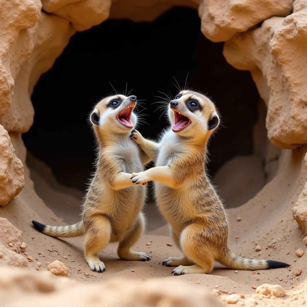 Playful meerkat pups near their burrow