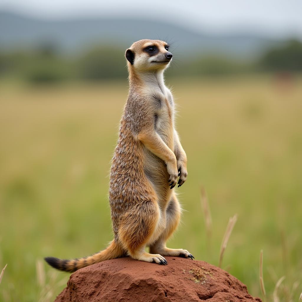 Meerkat sentry keeping watch from a termite mound