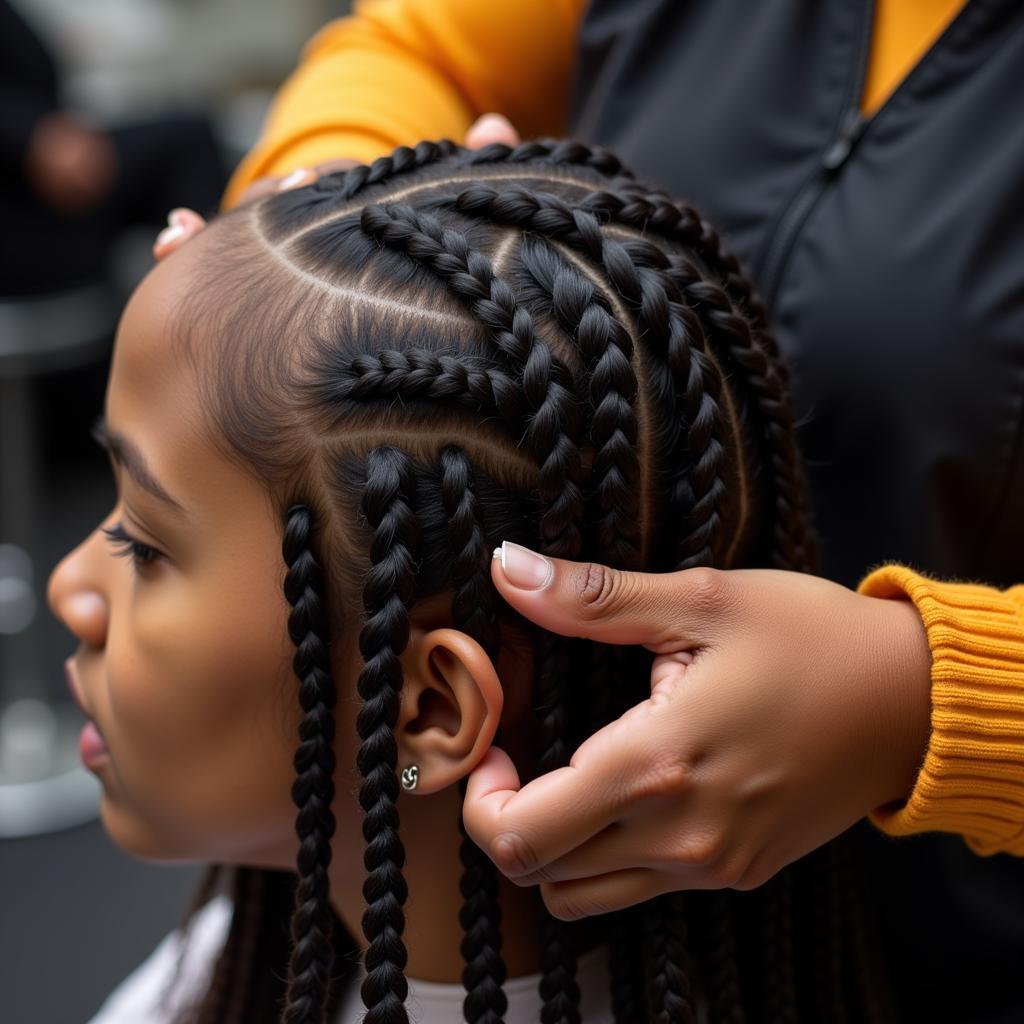 Skilled Braider Creating Intricate Cornrows