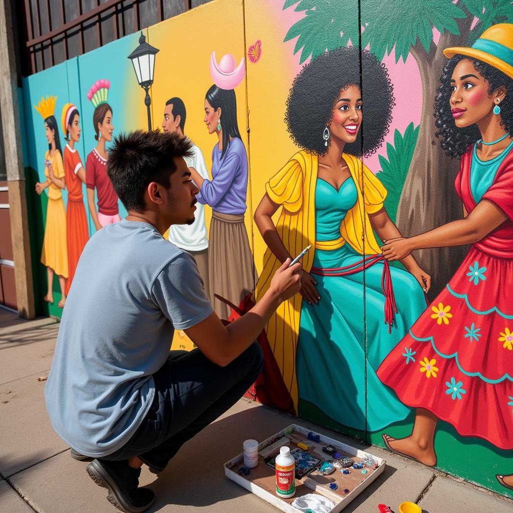 Mexican and African American Artist Creating Mural