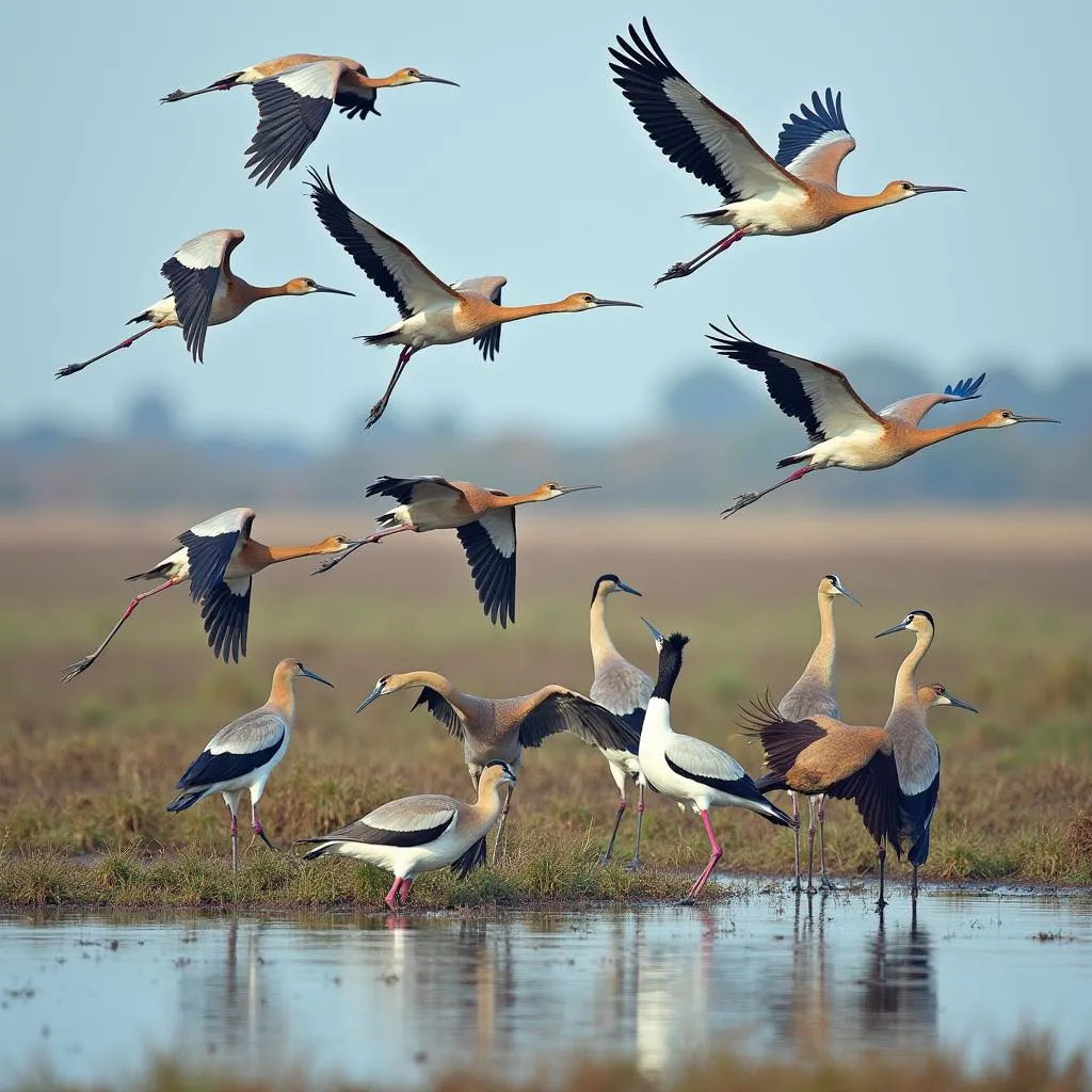 Migratory birds congregating at a wetland