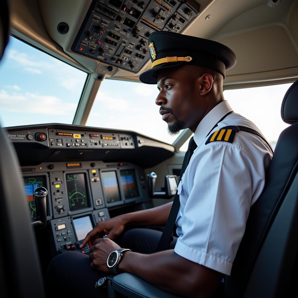 Modern African American Pilot in a Cockpit