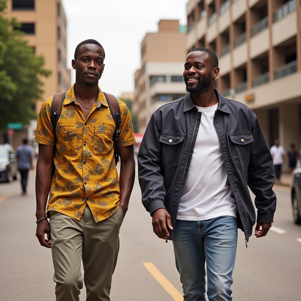 Two young African men, dressed in contemporary clothing, stand shoulder-to-shoulder in a bustling city, symbolizing the adaptation of traditional values within a modern context