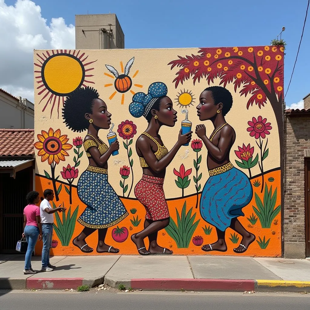 A modern African clay mural in an urban setting