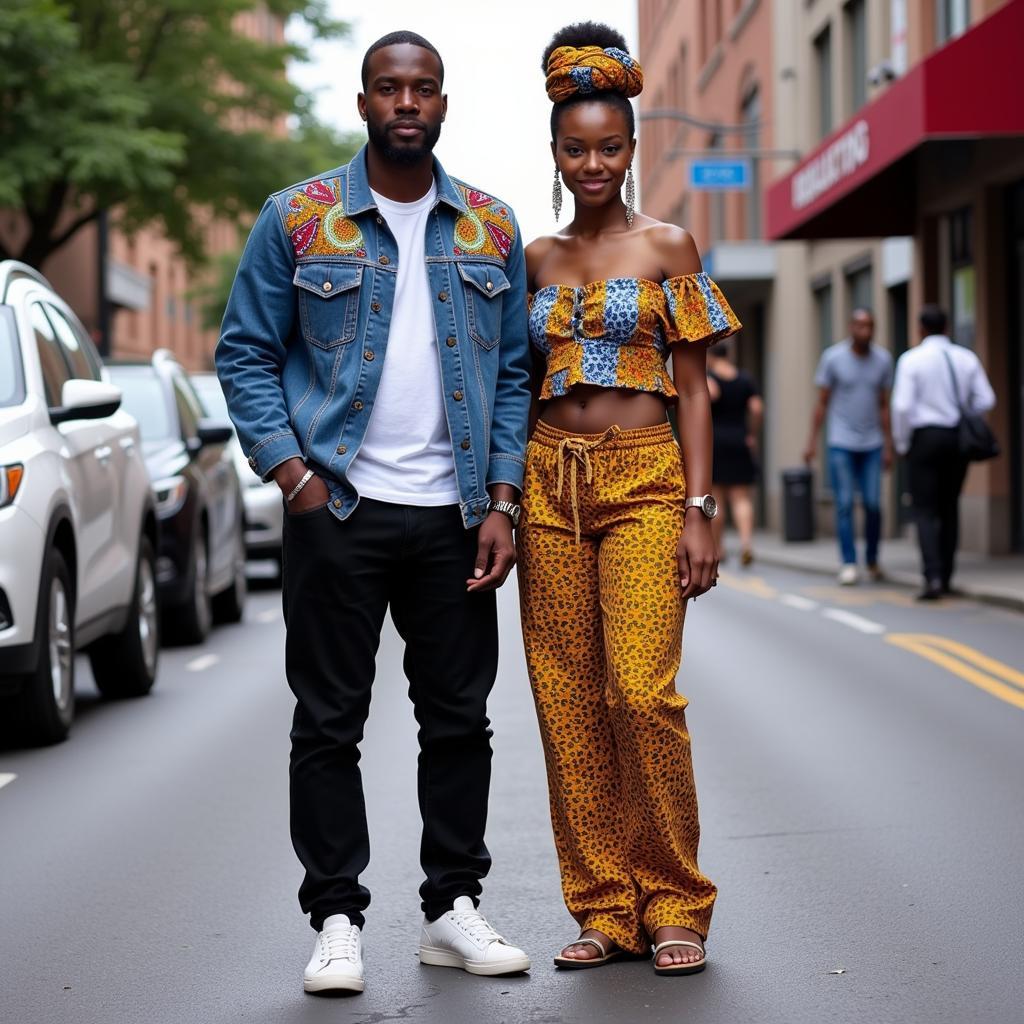 A modern take on African couple fashion with streetwear influences.