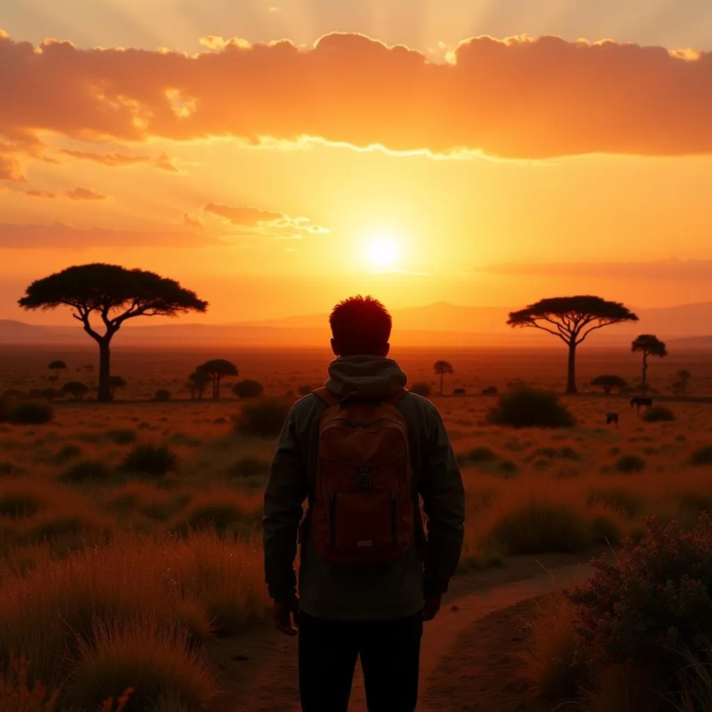 A modern explorer with a backpack stands overlooking a vast African savanna