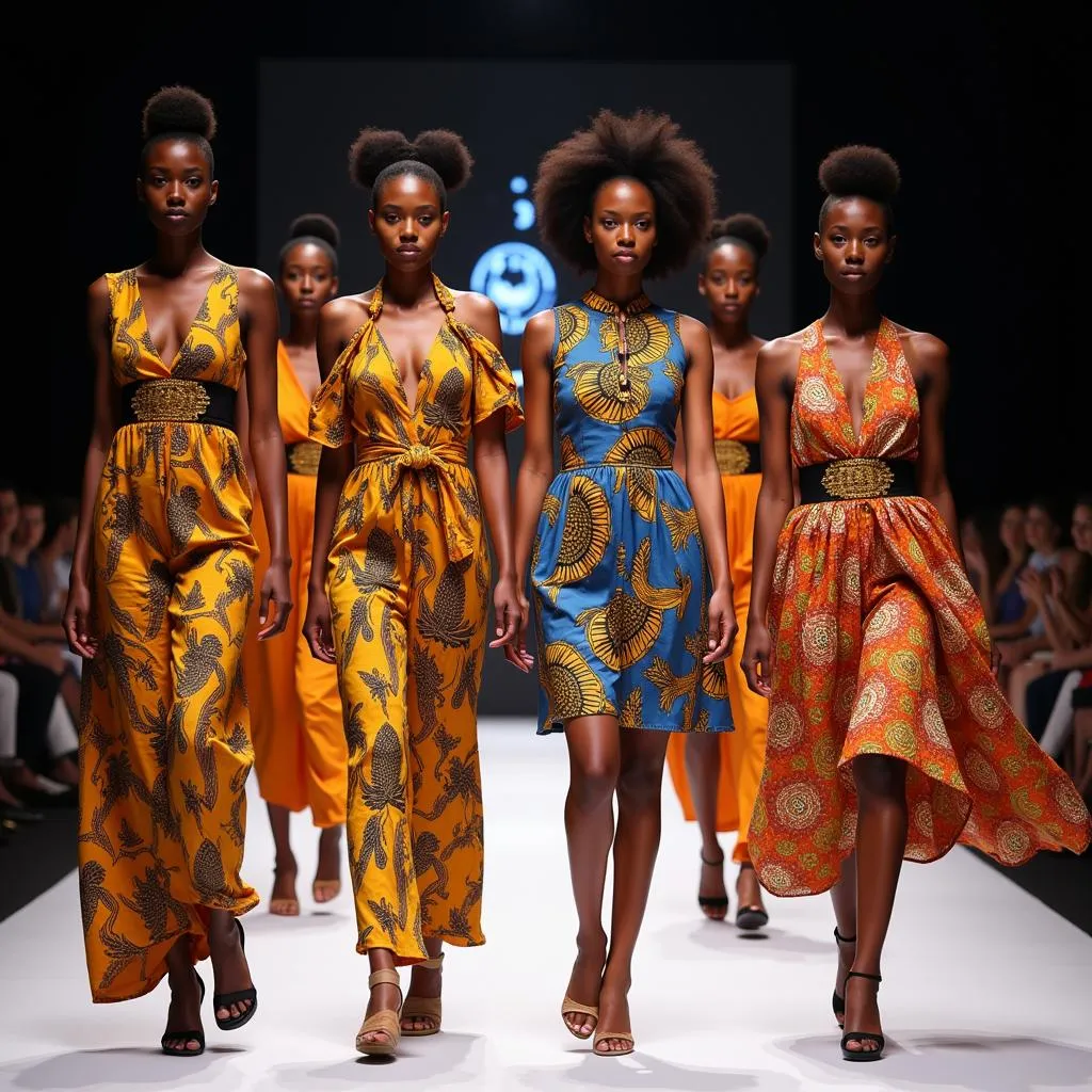 Models showcasing diverse African print dresses on a runway