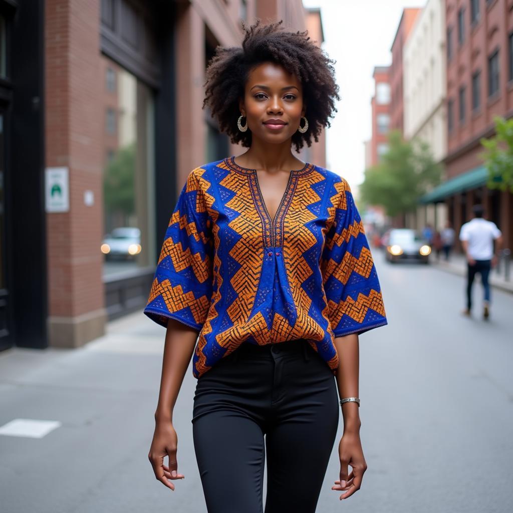 A woman wearing a modern Dashiki blouse