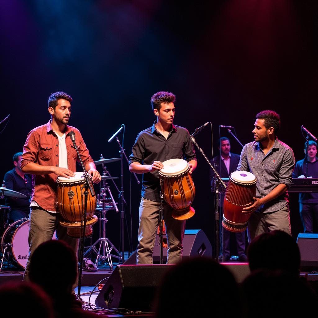 Modern musicians blend traditional African dhol sounds with contemporary genres in a high-energy concert