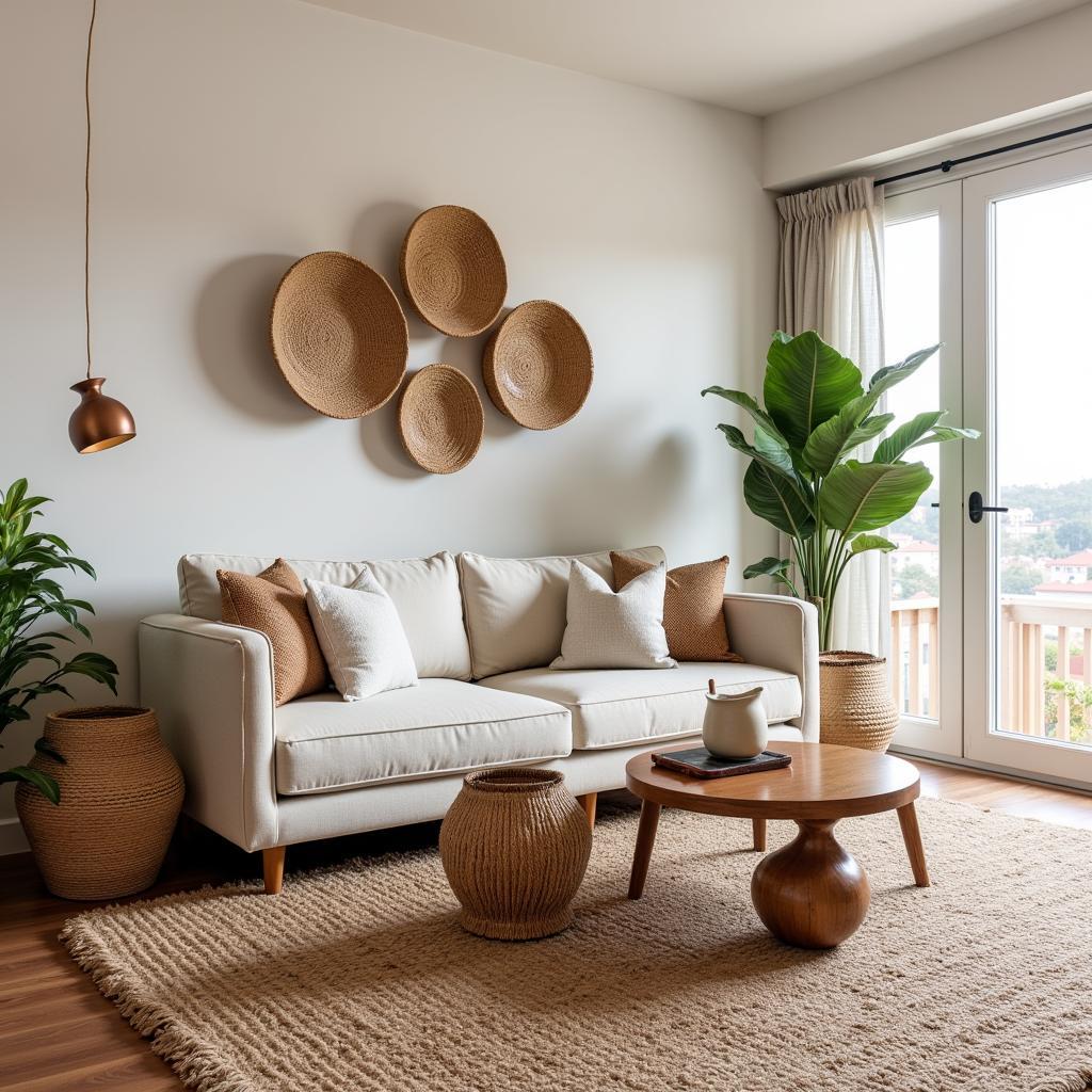 Modern living room with African baskets as decorative elements