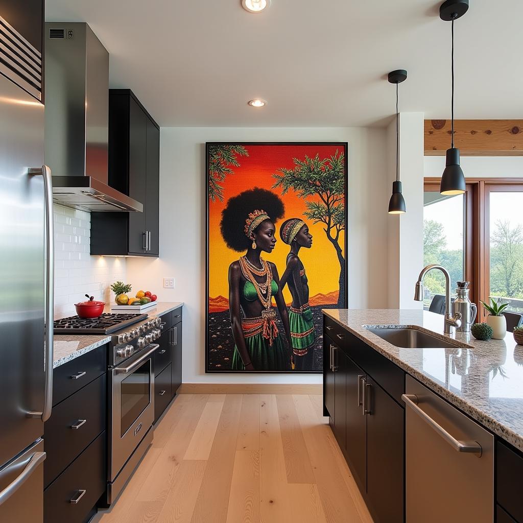 Modern kitchen with African-inspired art