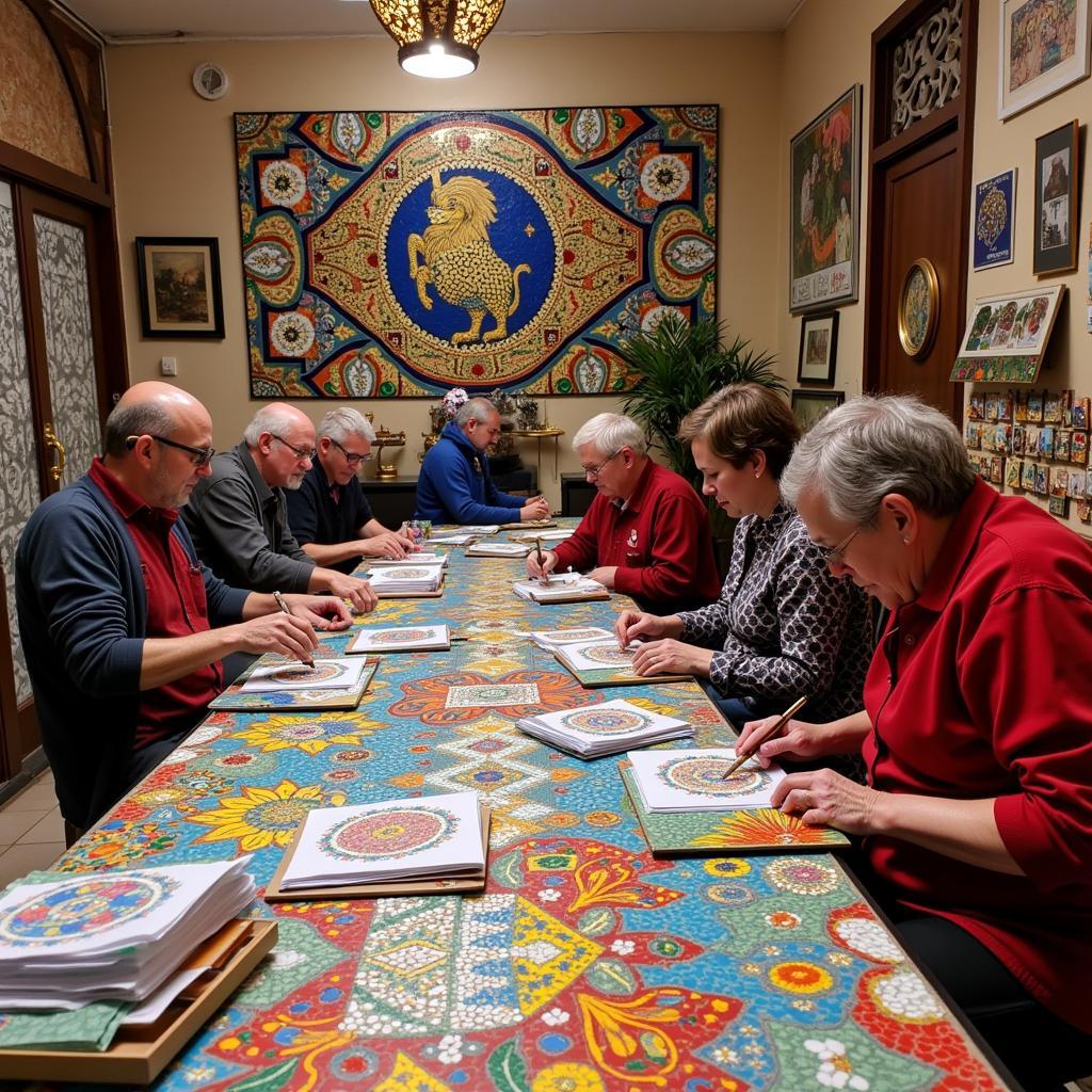 Moroccan artisans creating intricate mosaics