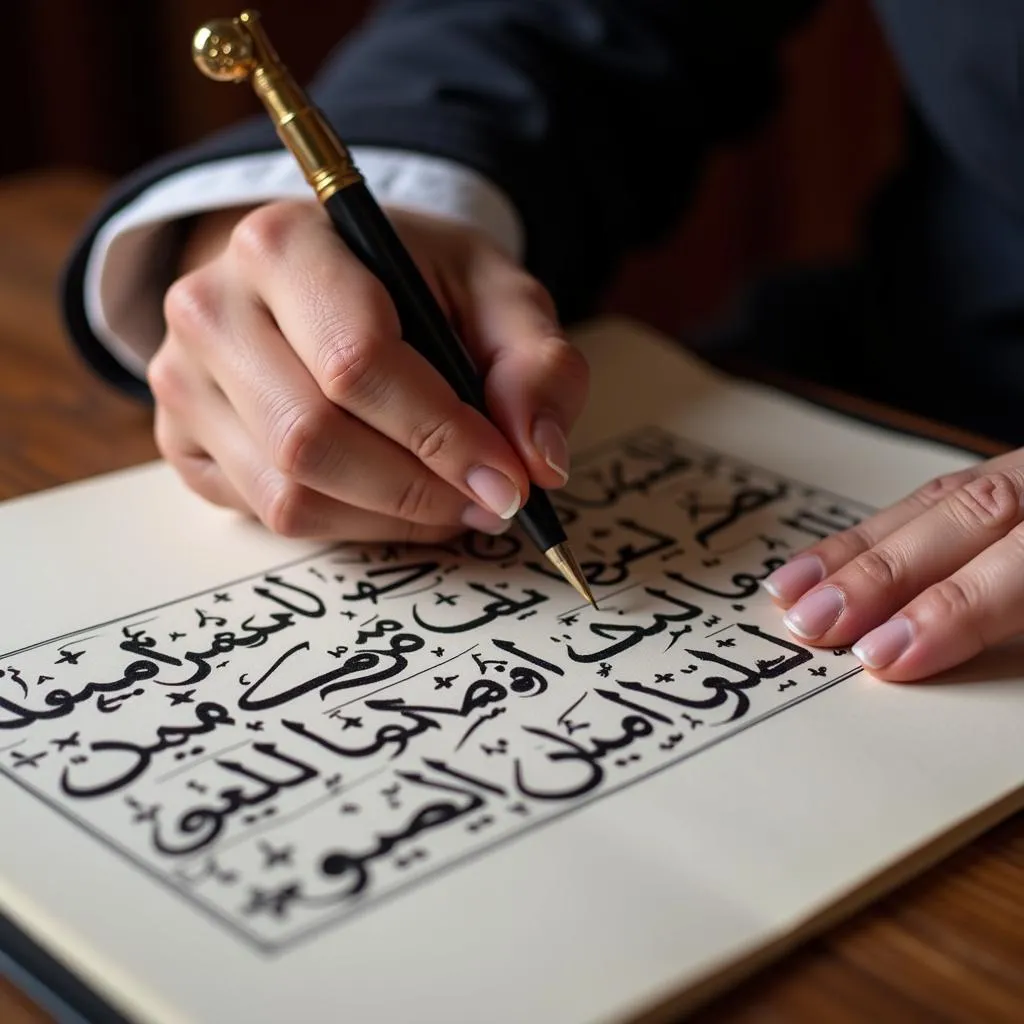 Moroccan calligrapher meticulously creating intricate Arabic script