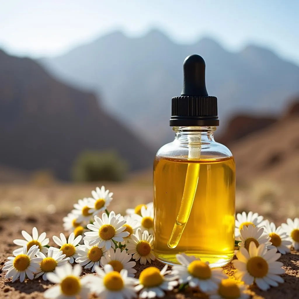 Moroccan chamomile essential oil in a glass bottle with dropper.