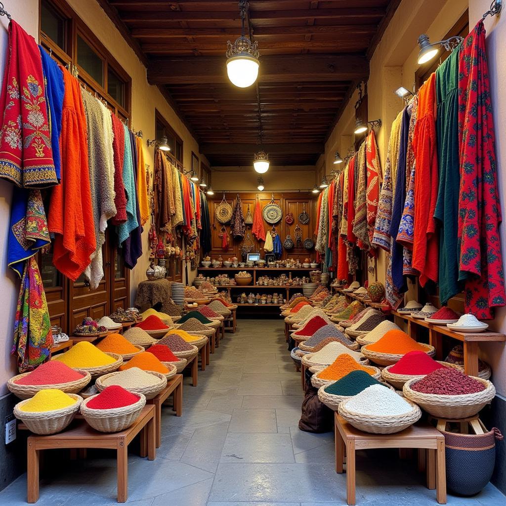 Bustling marketplace in Marrakech, Morocco with colorful spices and textiles