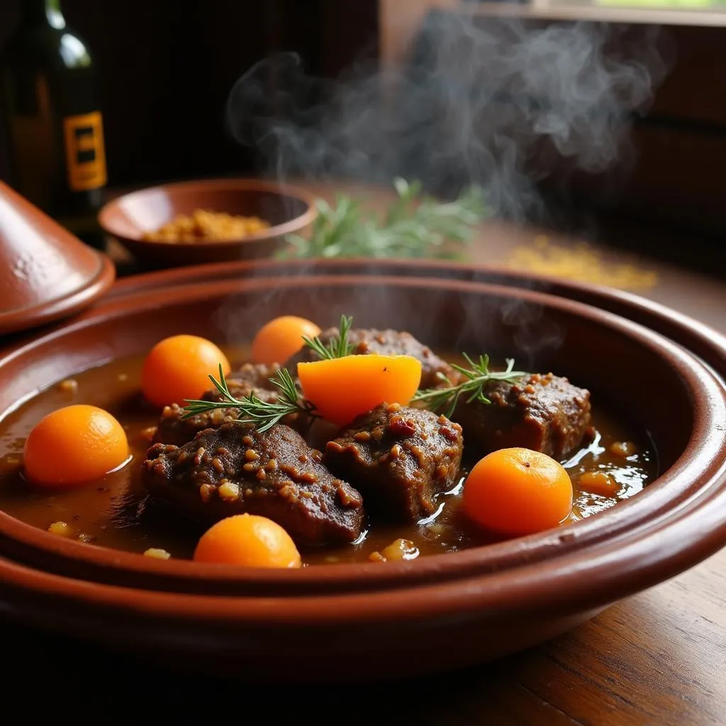 Moroccan tagine with lamb and apricots simmering in a tagine pot