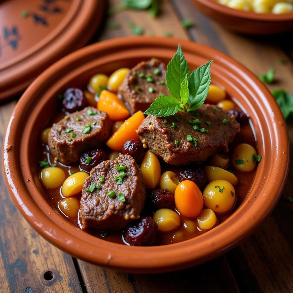 A traditional Moroccan tagine with tender lamb and vibrant vegetables.