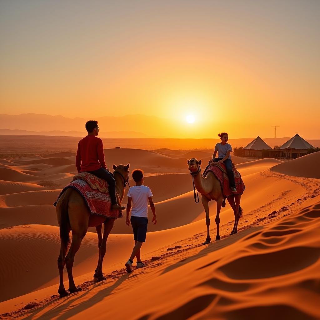 Family riding camels in the Sahara Desert, Morocco