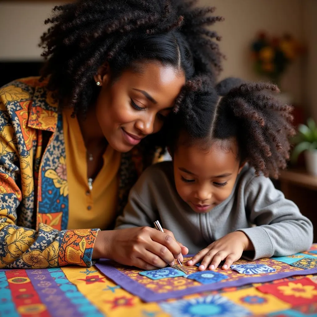 Mother and daughter sewing patches with African prints