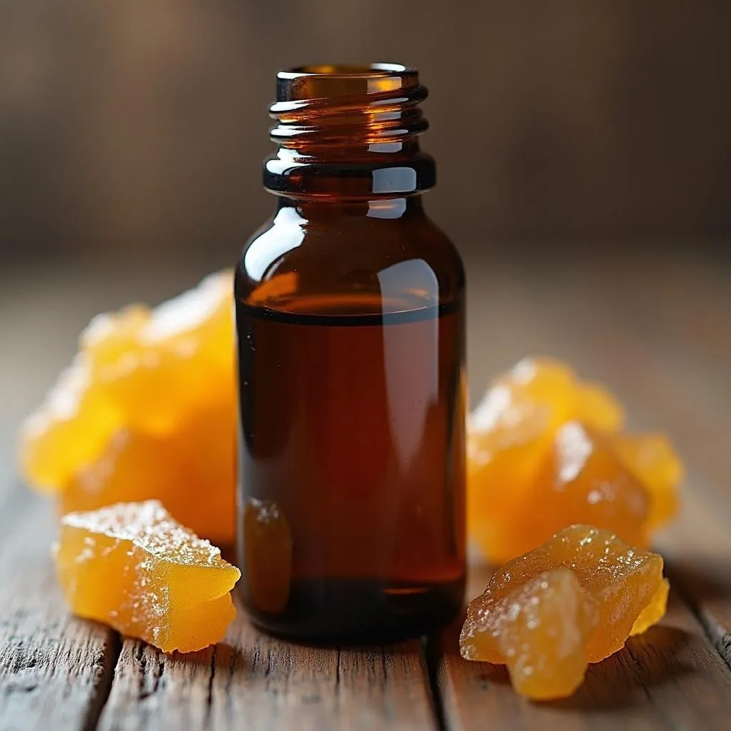 Dark Myrrh essential oil in a glass bottle with nearby resin pieces.