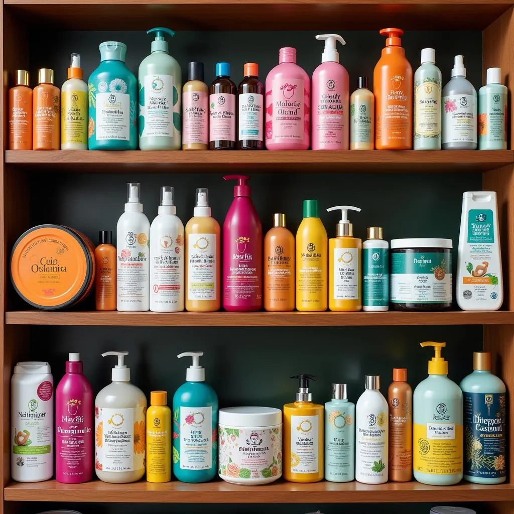 Variety of natural hair care products displayed on a salon shelf