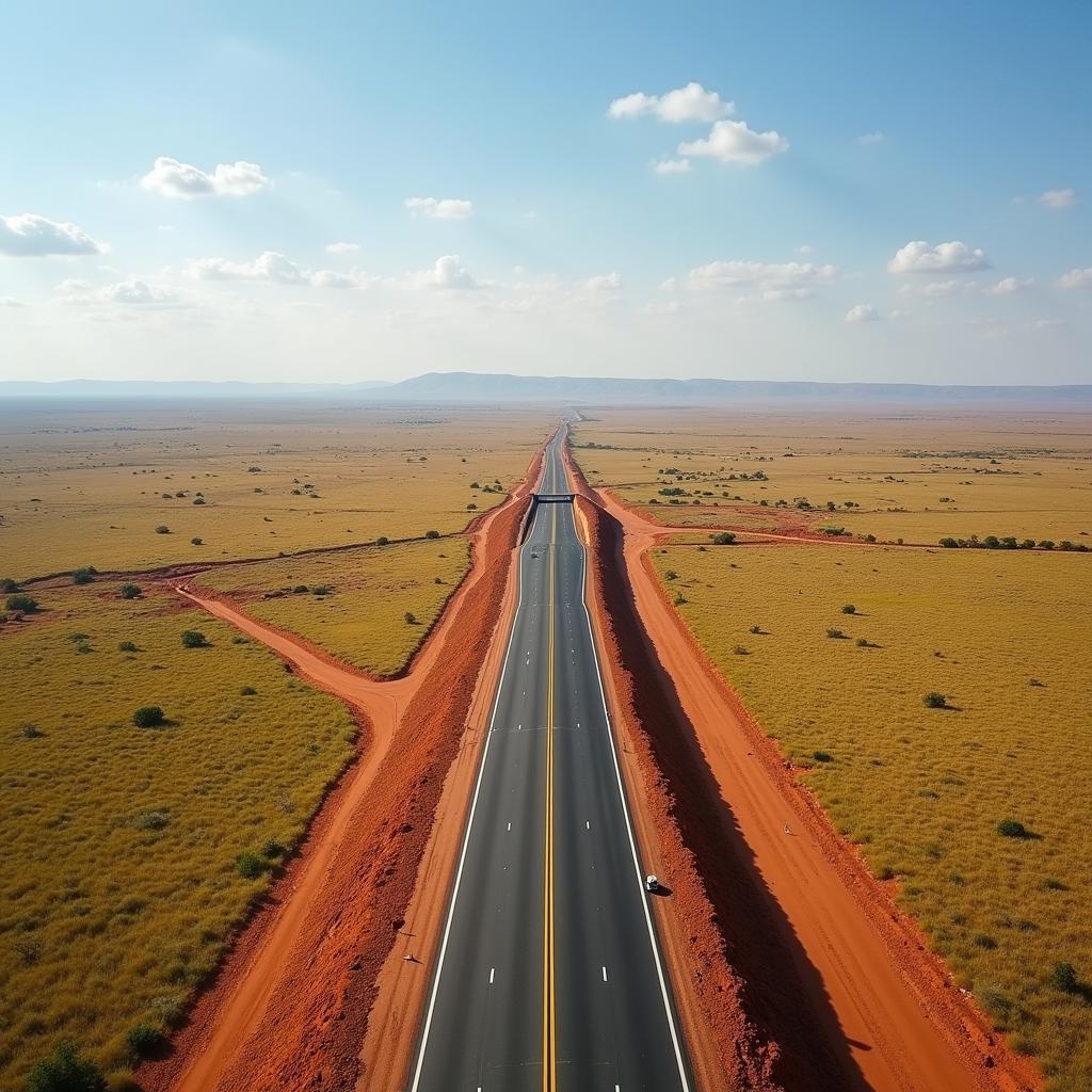 A modern highway cutting through the African savanna