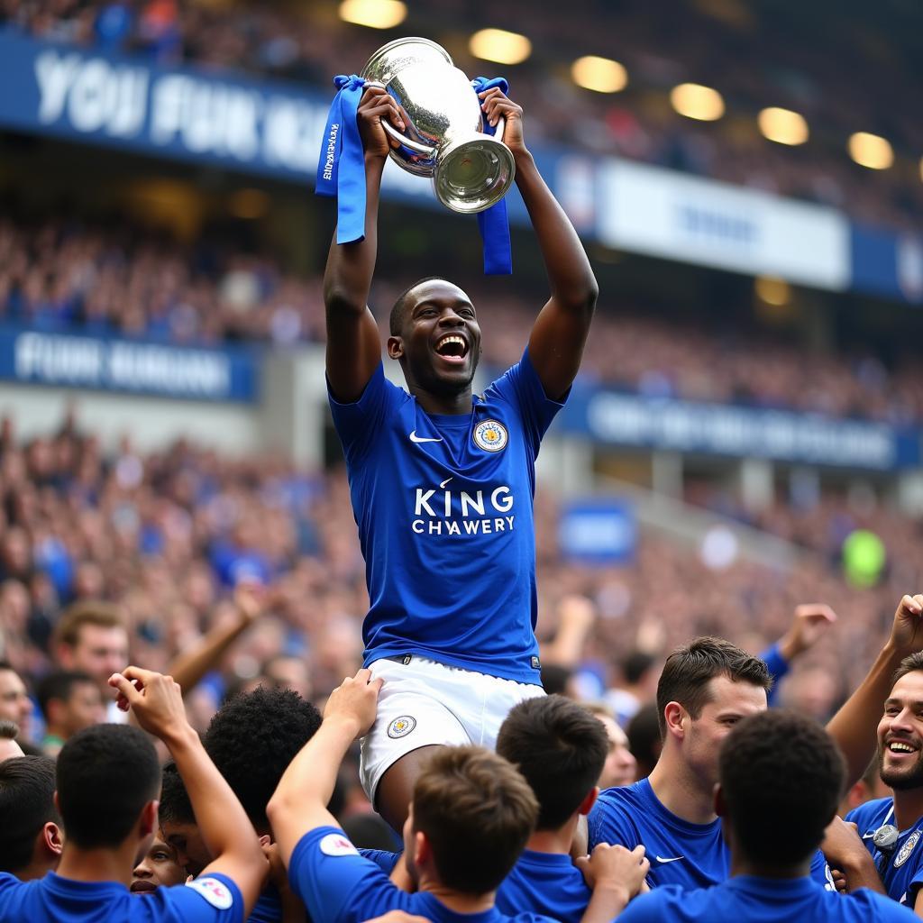 N'Golo Kanté celebrates winning the Premier League with Leicester City