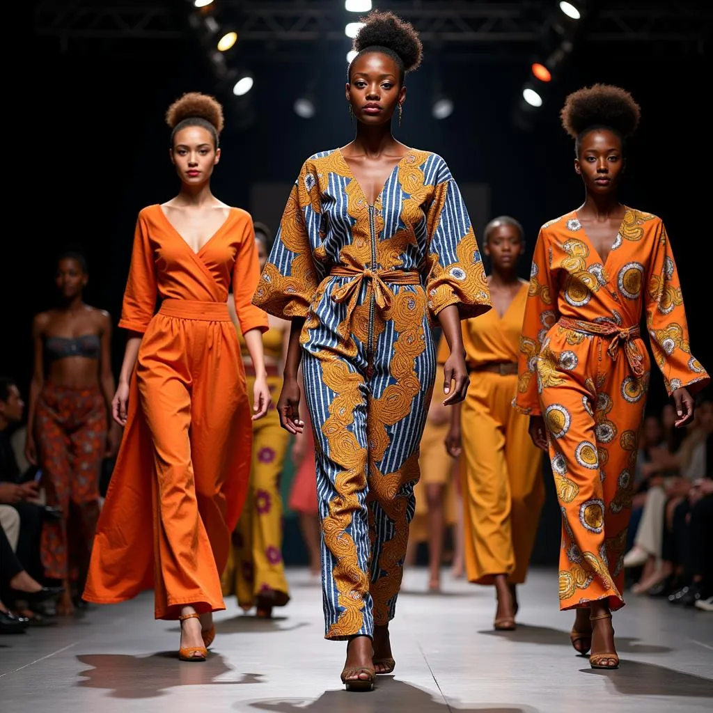 Models strutting on a runway in dazzling Nigerian attire