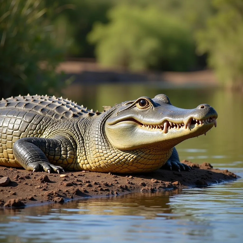 Nile Crocodile Basking on Riverbank