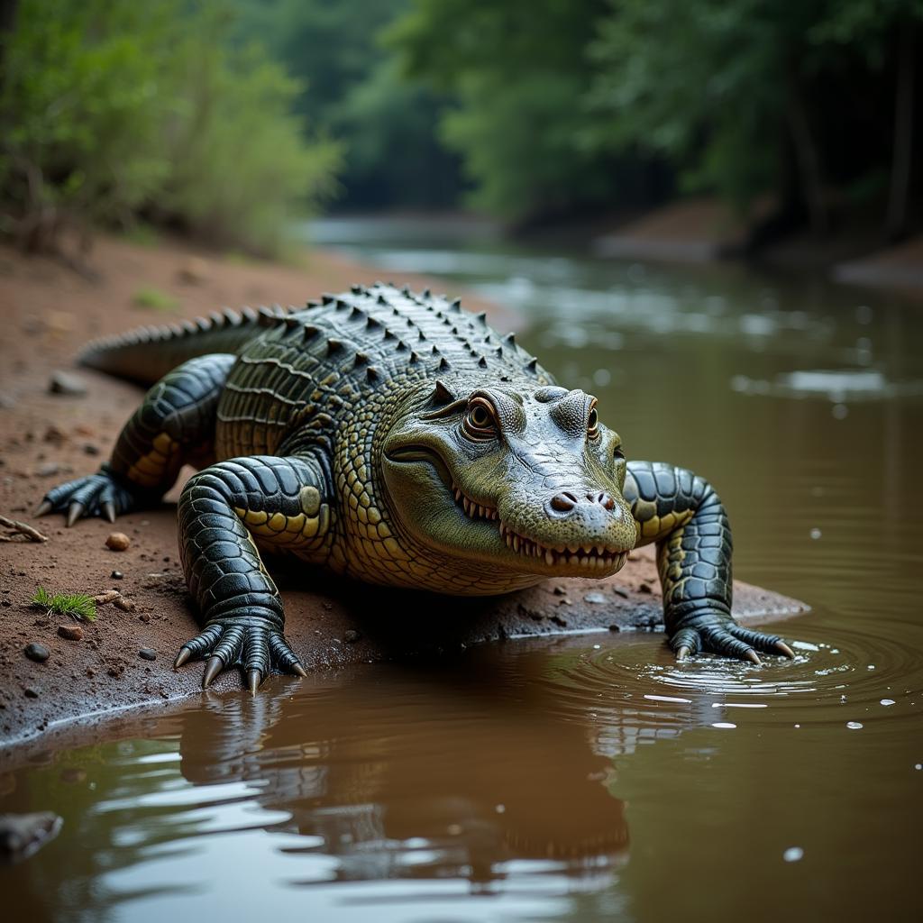 Nile crocodile basking on a riverbank