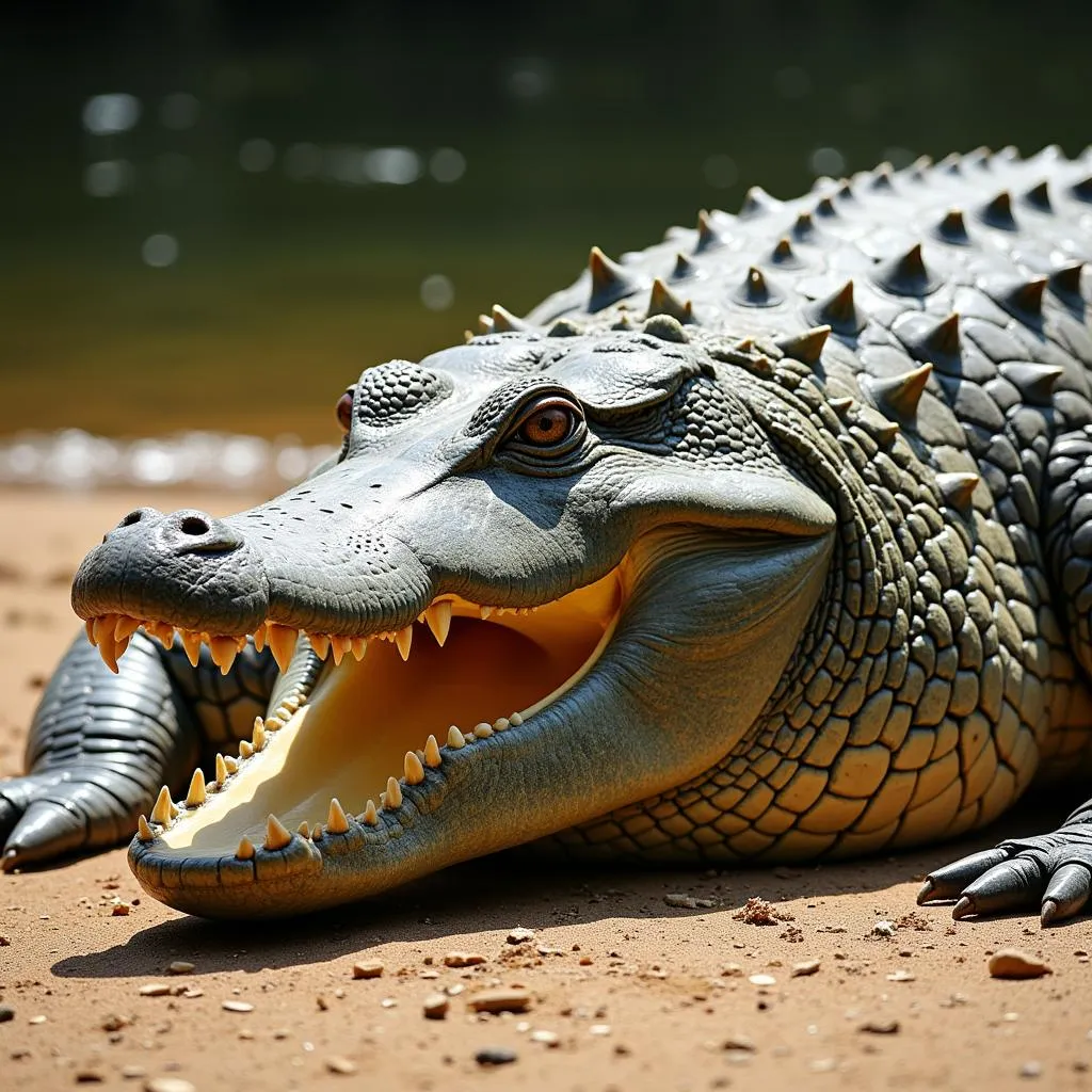 Nile crocodile sunbathing on a riverbank