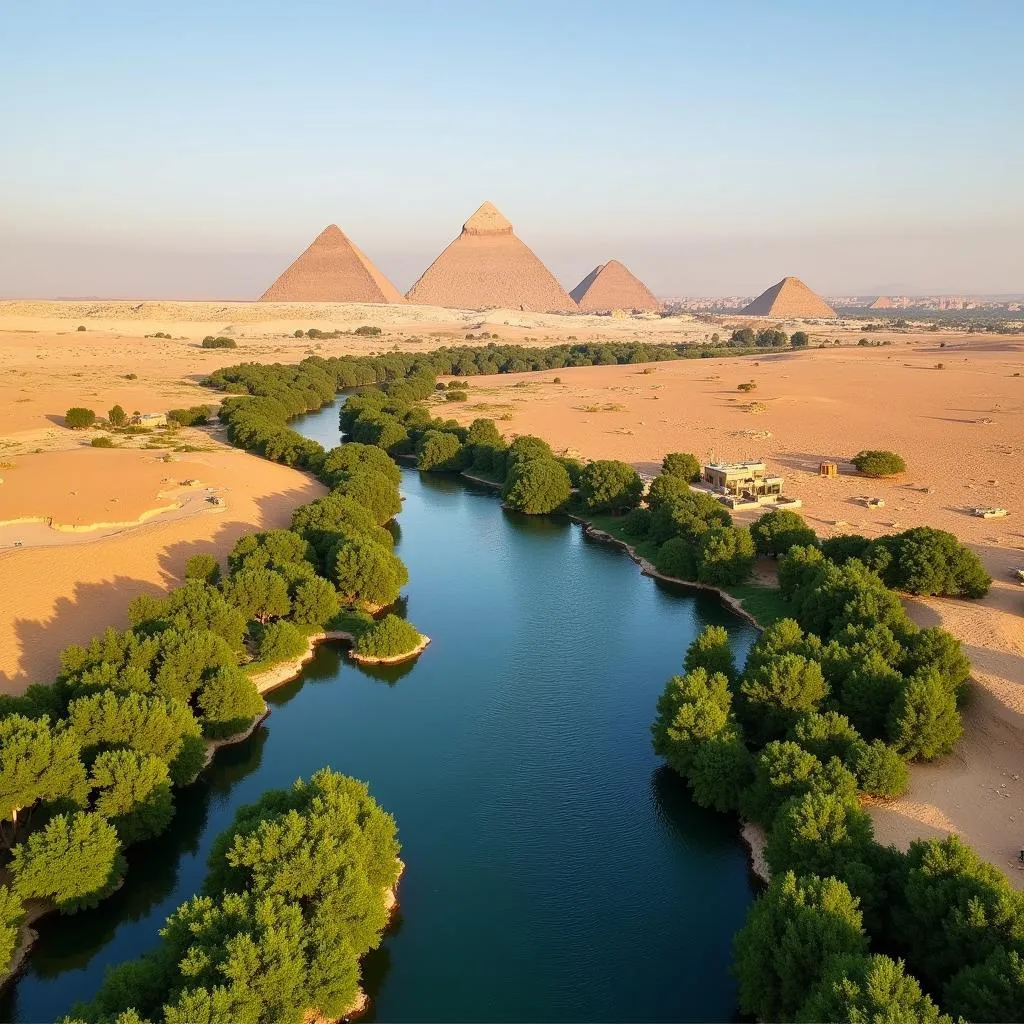 Aerial view of the Nile River flowing through the Egyptian desert