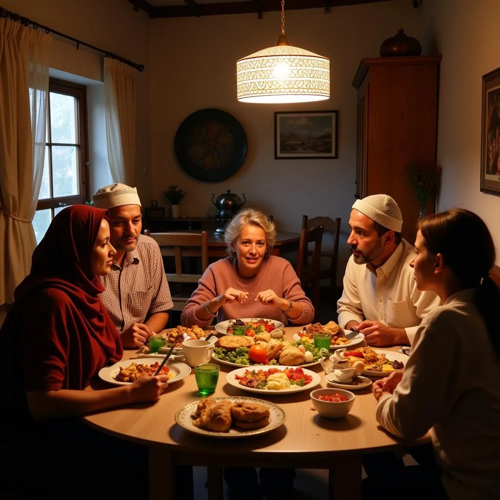 North African family enjoying a traditional meal together