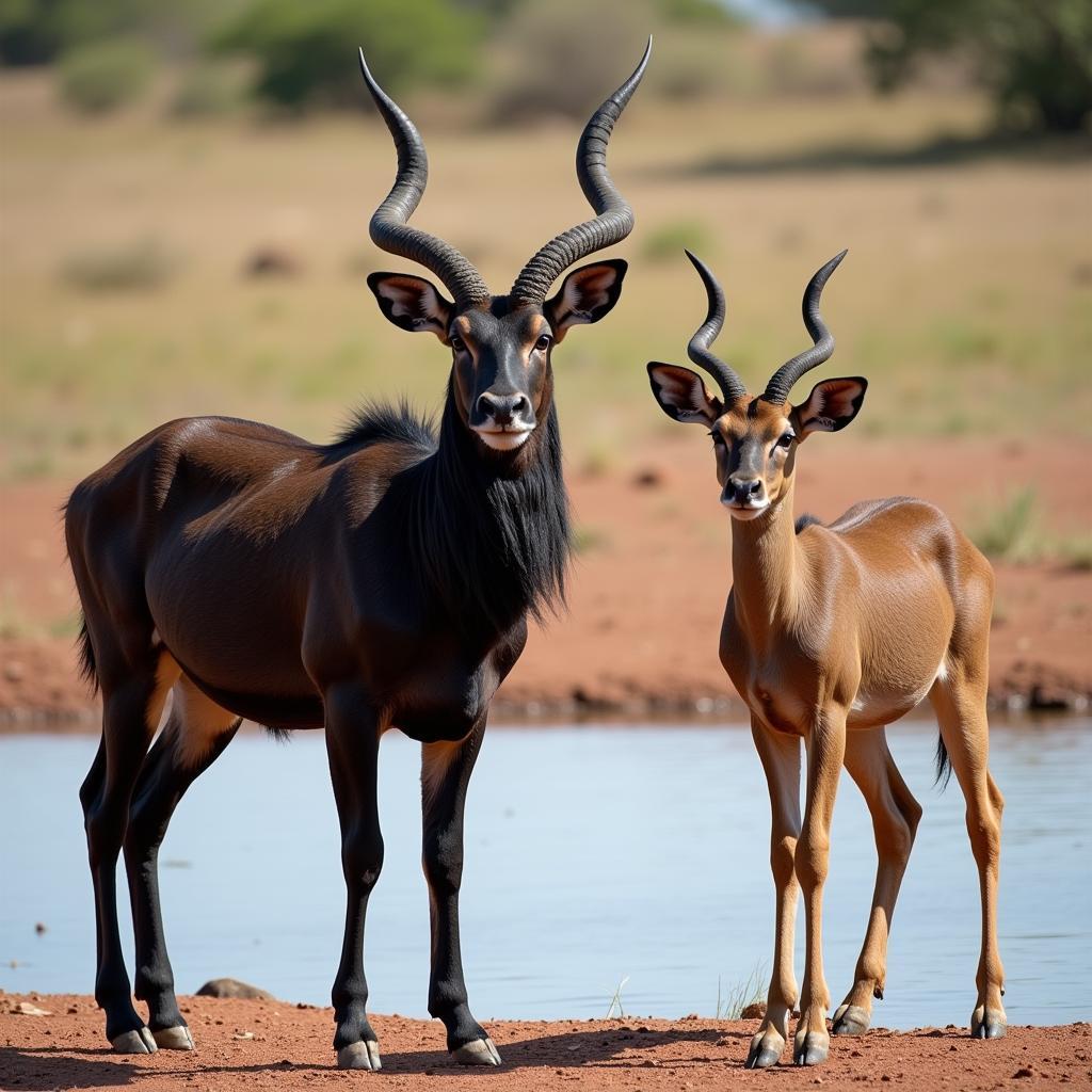 Nyala Male and Female at Waterhole