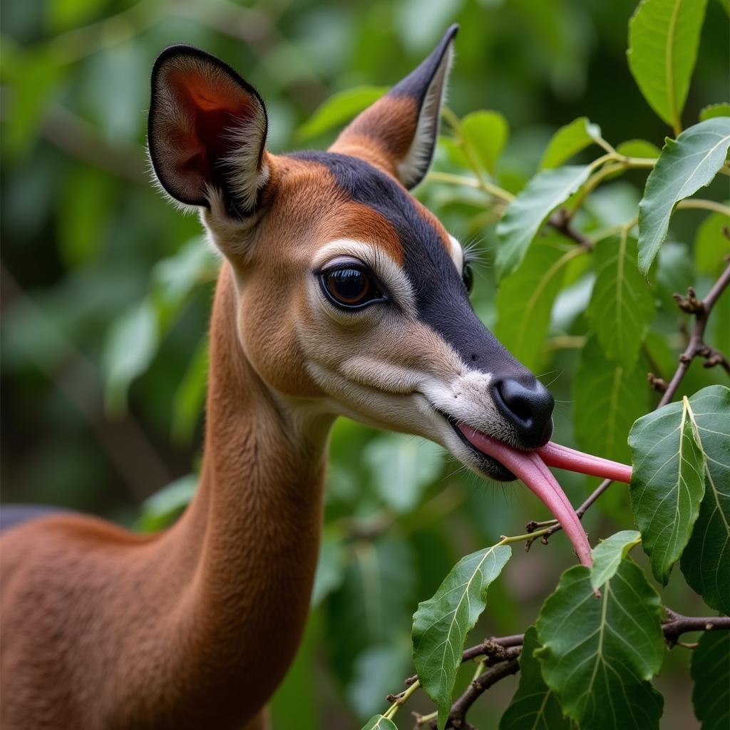 Okapi Using its Tongue to Eat