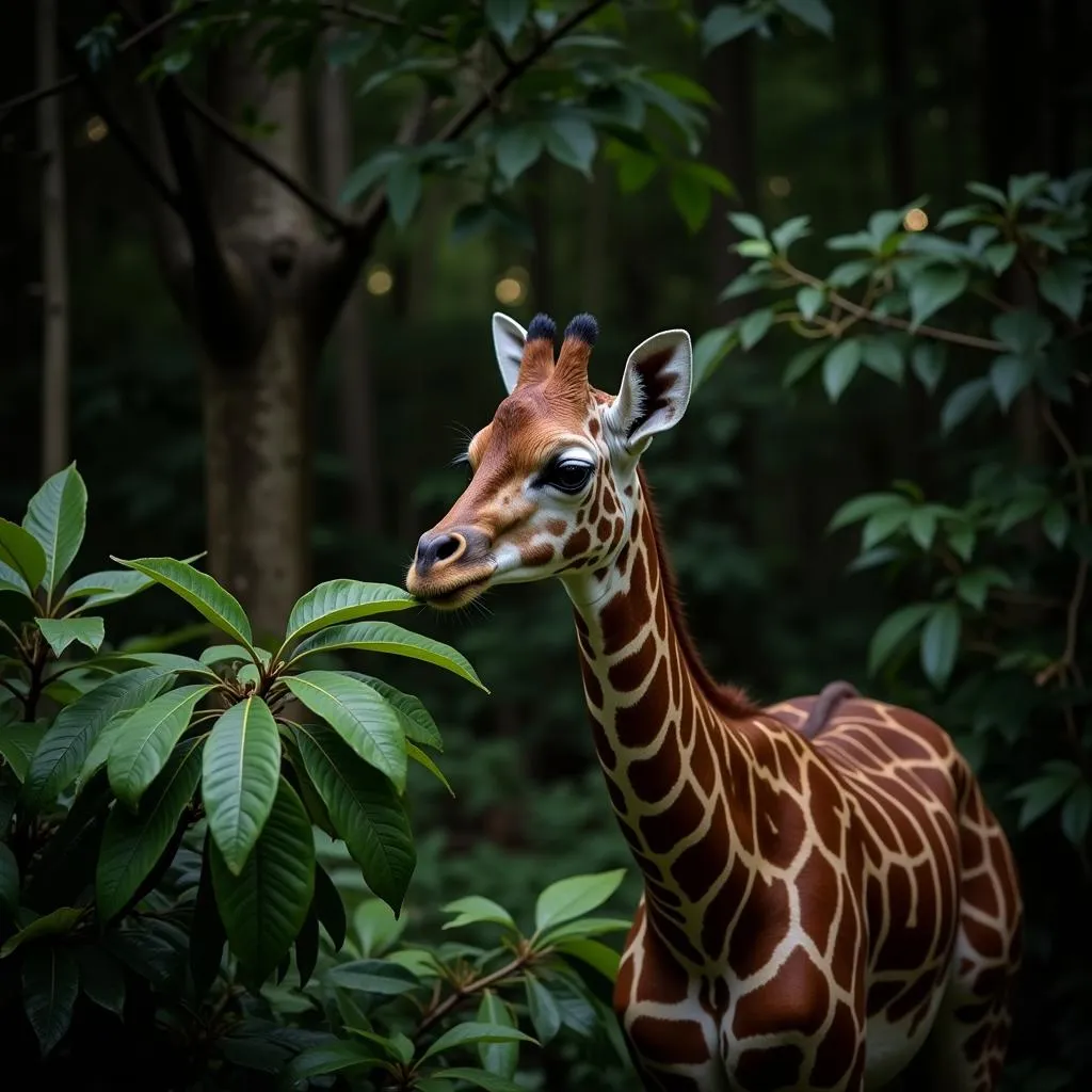 Okapi Browsing on Leaves in Dense Rainforest