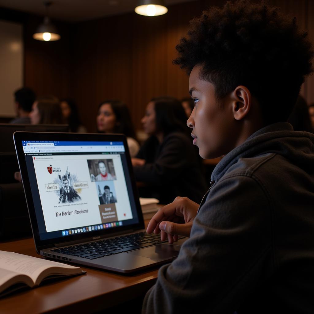 Student engrossed in online African American studies course