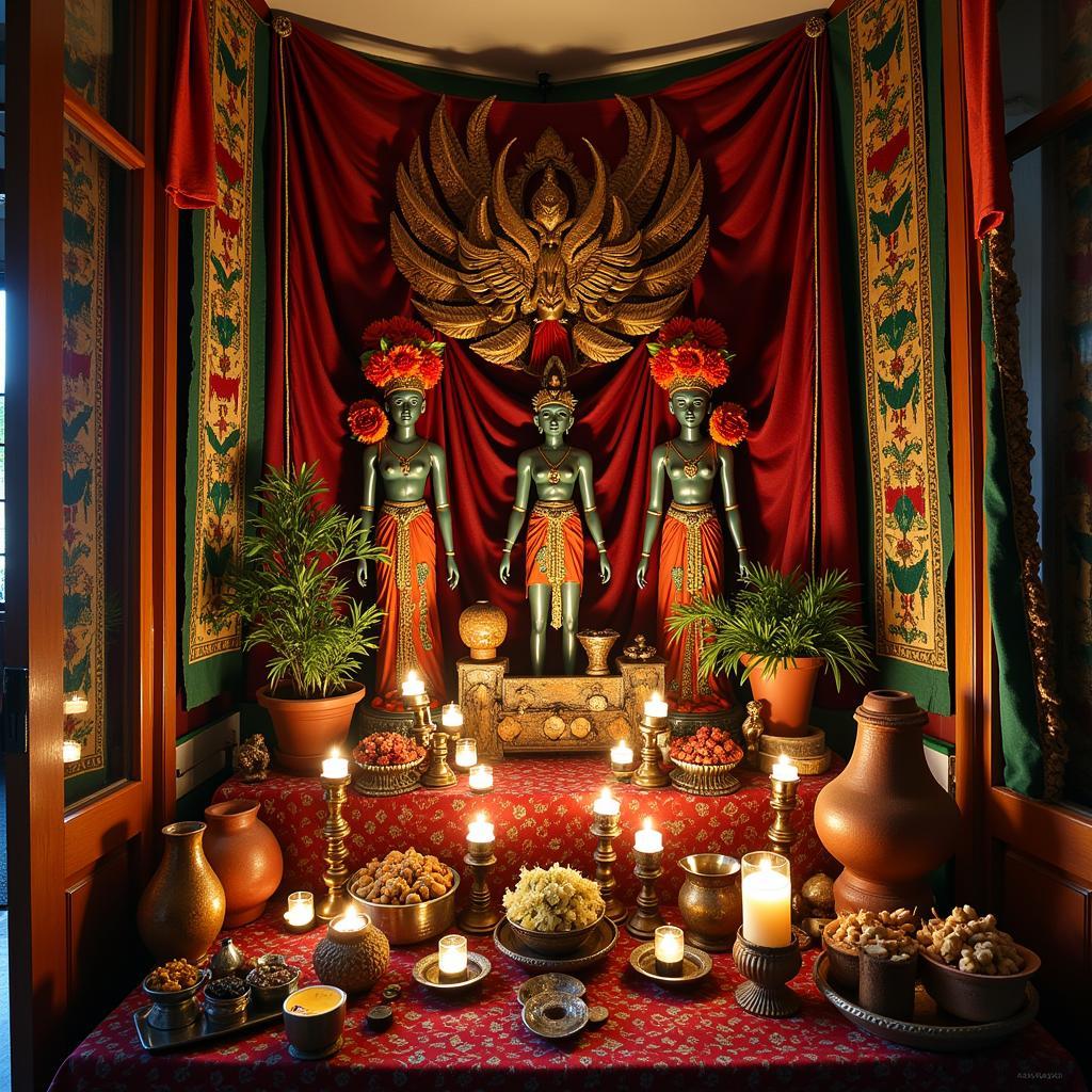 An Orisha shrine adorned with colorful fabrics and offerings